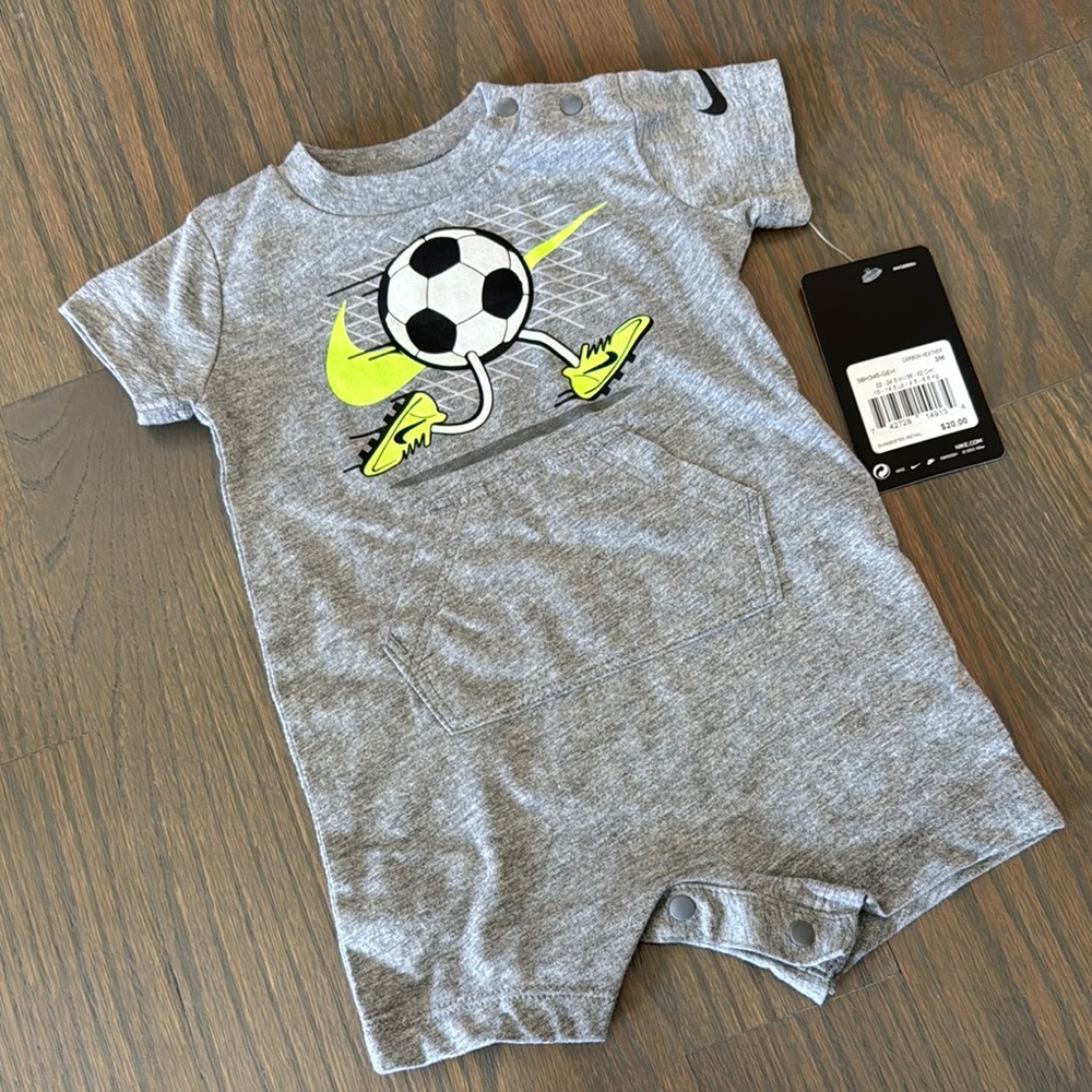 NWT Nike Baby Soccer Graphic Romper 3M Gray Short Sleeve Cotton One Piece